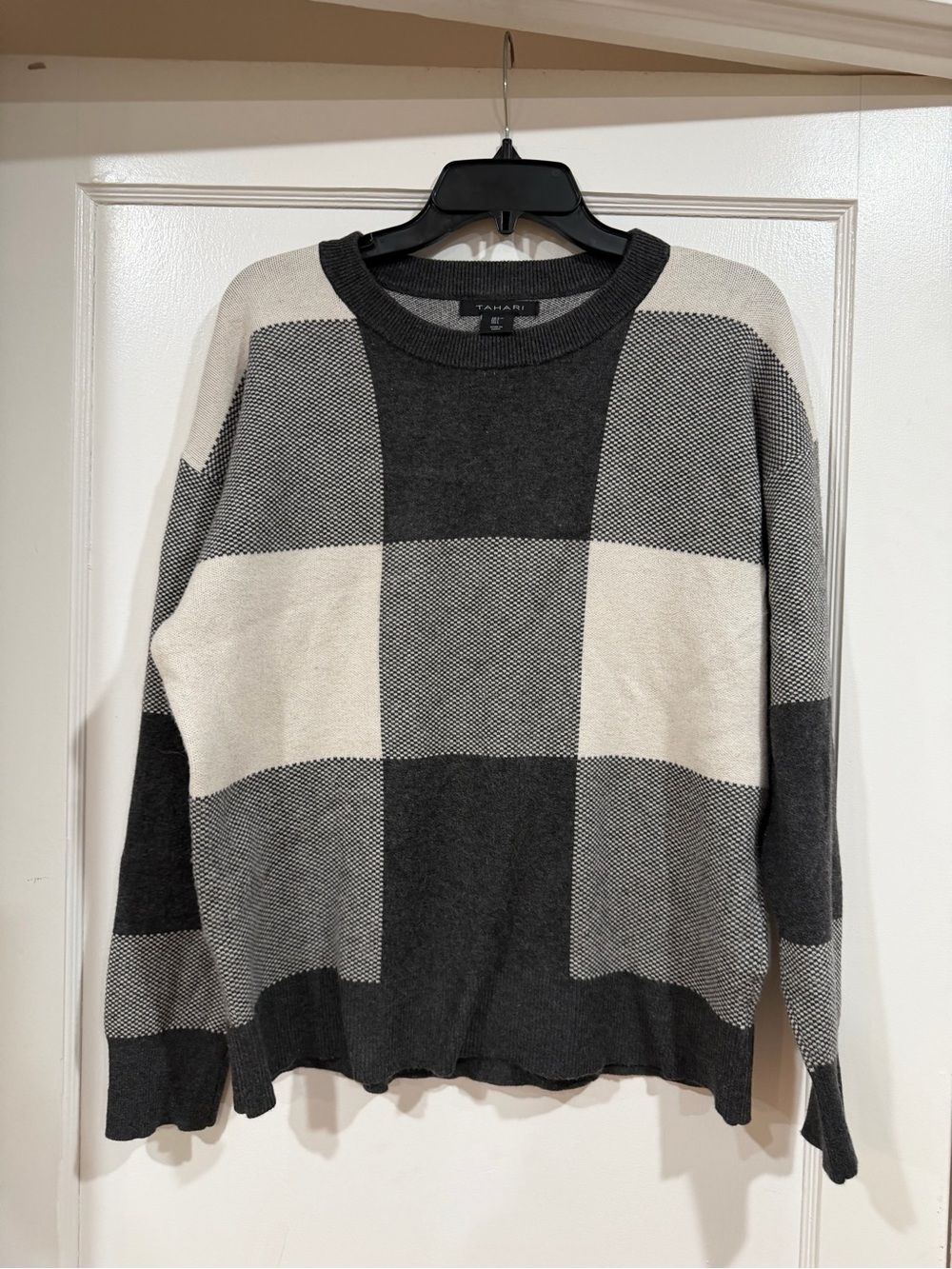 Tahari Black and Cream Buffalo Check Crewneck Sweater